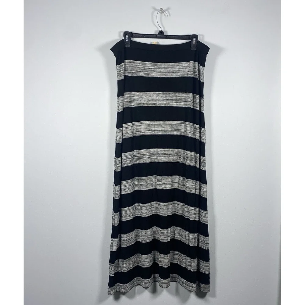 Michael Kors Striped Knit Maxi Skirt‎ Women's L Black Gray Pull-On Elastic Waist